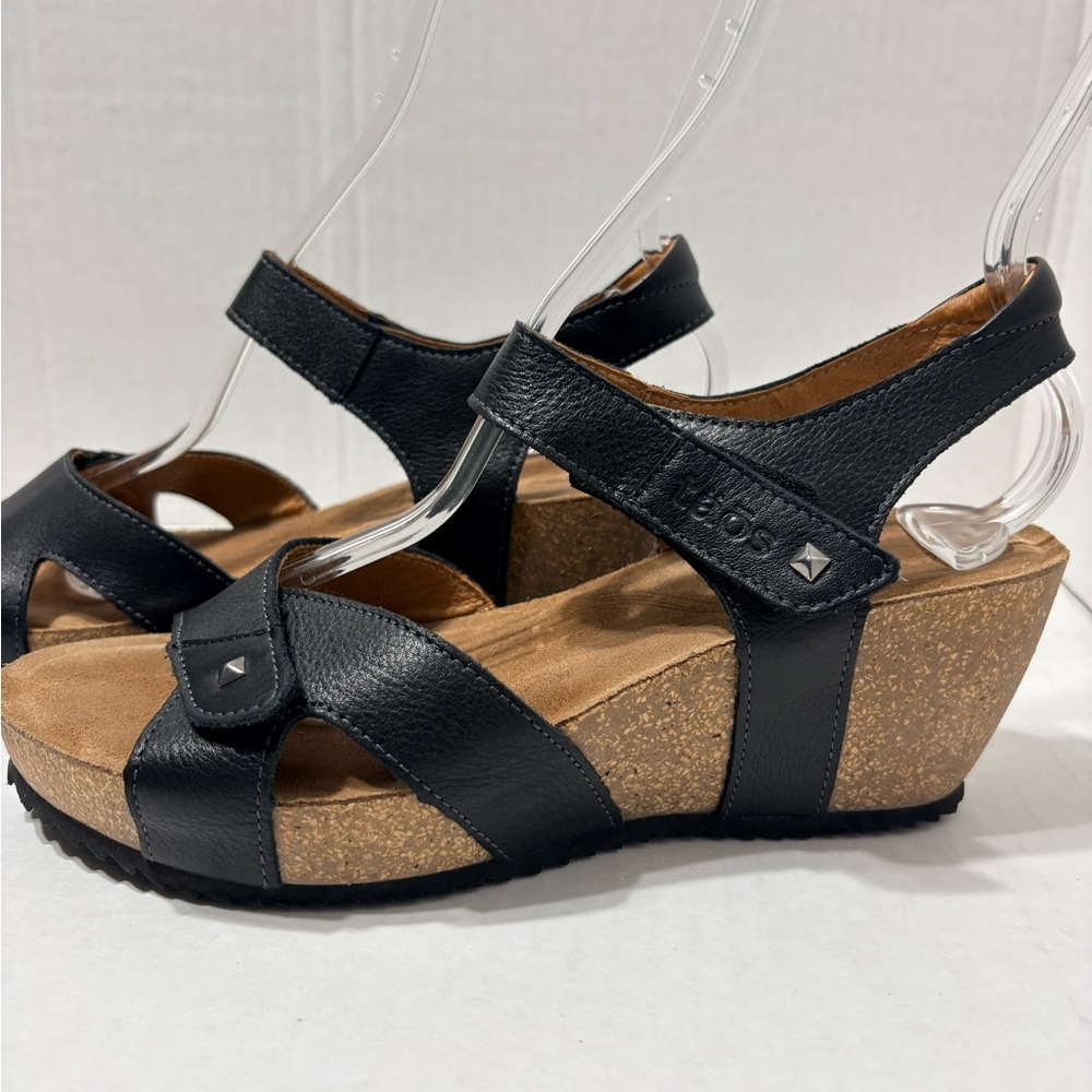 Taos Footwear Black Leather Cork Wedge Sandals with Stud Detail